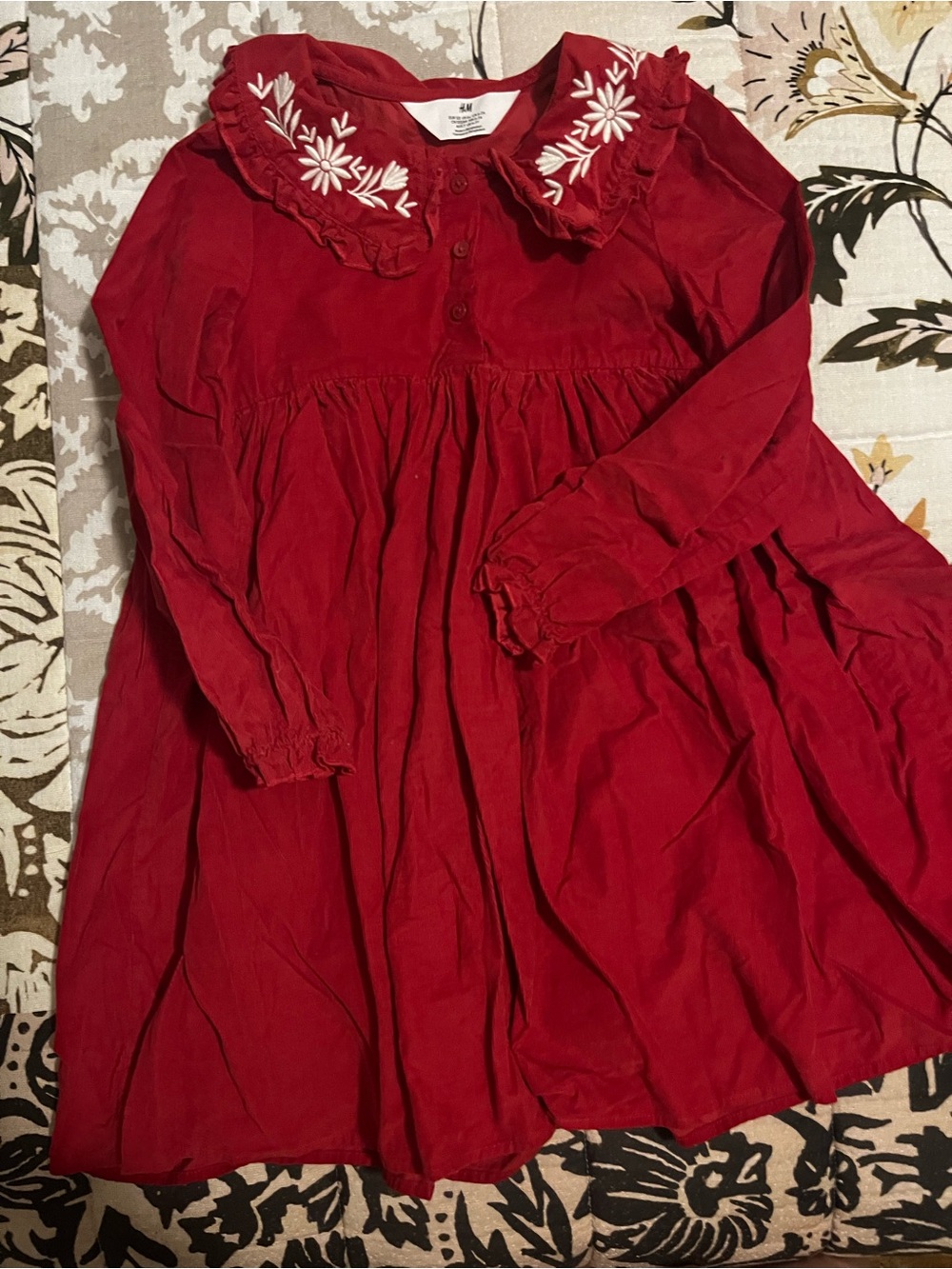 H&M Red Embroidered Collar Long-Sleeve Kids Dress